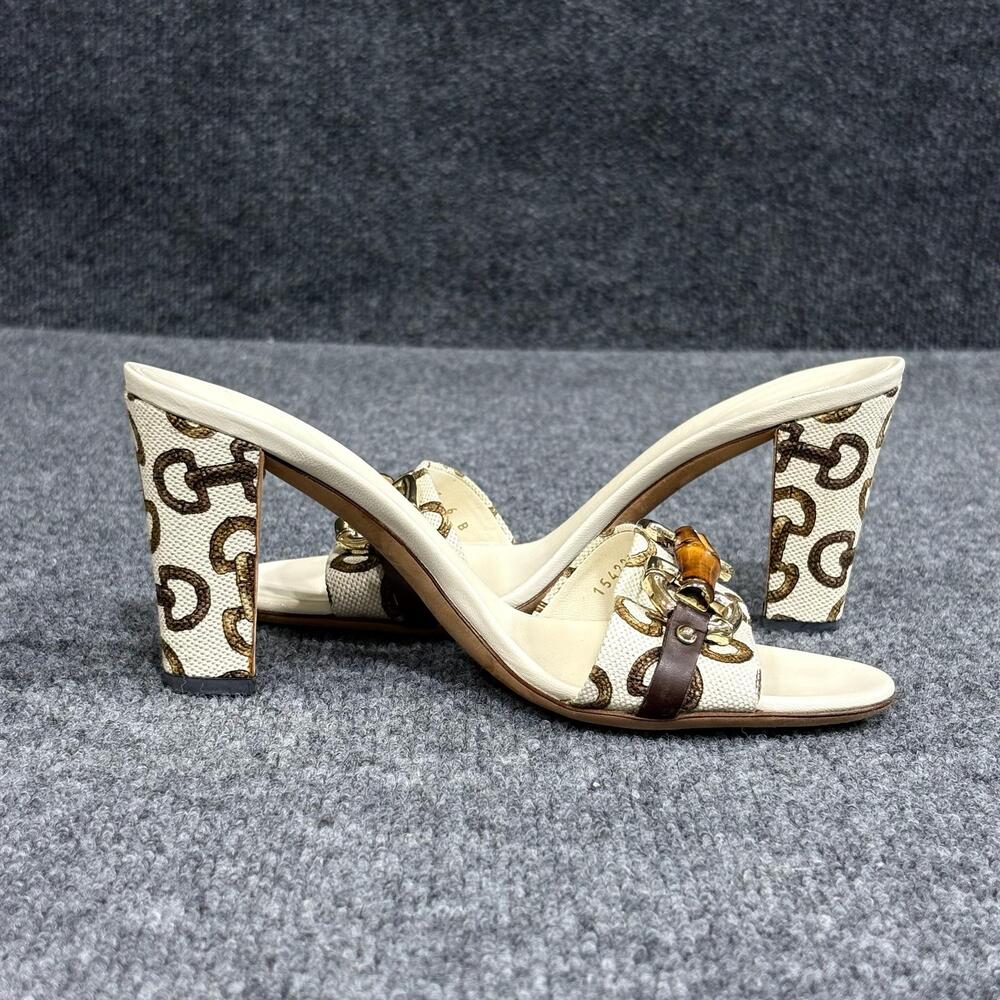 Vintage Gucci Shoes Womens 6 Beige Horsebit Canvas Block Heel Mules Sandals